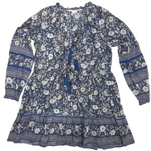 Veronica Beard Dress Medium Blue Floral Print Cottagecore‎ Tie Neck Long Sleeve